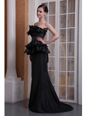 Prom Dress Black Mermaid Strapless Brush Train Elastic Woven Satin Beading