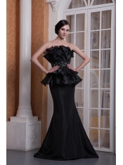 Prom Dress Black Mermaid Strapless Brush Train Elastic Woven Satin Beading