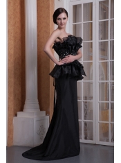 Prom Dress Black Mermaid Strapless Brush Train Elastic Woven Satin Beading