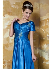 Prom Dress Blue Empire V-neck Floor-length Taffeta Beading
