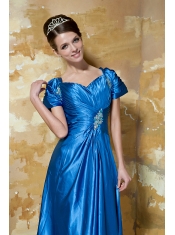 Prom Dress Blue Empire V-neck Floor-length Taffeta Beading