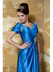 Prom Dress Blue Empire V-neck Floor-length Taffeta Beading