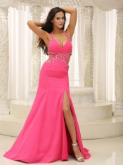 Prom Dress Brand New Halter Beaded Decorate Waist High Slit