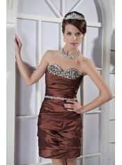 Prom Dress Brown Column Sweetheart Mini-length Taffeta Beading