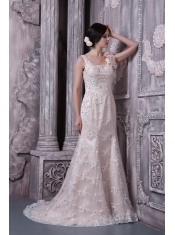 Prom Dress Champagne Column Scoop Brush Train Taffeta and Lace Hand Made Flower