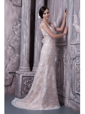Prom Dress Champagne Column Scoop Brush Train Taffeta and Lace Hand Made Flower