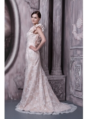 Prom Dress Champagne Column Scoop Brush Train Taffeta and Lace Hand Made Flower