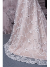 Prom Dress Champagne Column Scoop Brush Train Taffeta and Lace Hand Made Flower