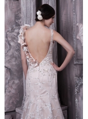 Prom Dress Champagne Column Scoop Brush Train Taffeta and Lace Hand Made Flower