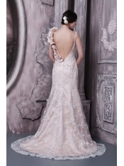 Prom Dress Champagne Column Scoop Brush Train Taffeta and Lace Hand Made Flower