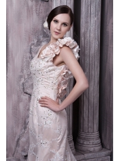 Prom Dress Champagne Column Scoop Brush Train Taffeta and Lace Hand Made Flower