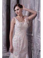 Prom Dress Champagne Column Scoop Brush Train Taffeta and Lace Hand Made Flower
