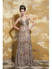 Prom Dress Colorful Column Halter Brush Train Leopard Beading