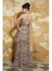 Prom Dress Colorful Column Halter Brush Train Leopard Beading