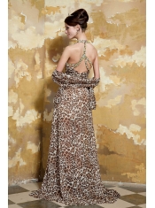 Prom Dress Colorful Column Halter Brush Train Leopard Beading