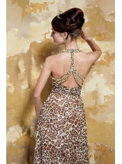 Prom Dress Colorful Column Halter Brush Train Leopard Beading