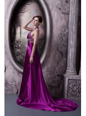 Prom Dress Column Eggplant Purple Halter Court Train Silk Like Satin Beading