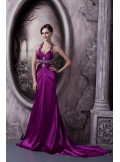 Prom Dress Column Eggplant Purple Halter Court Train Silk Like Satin Beading