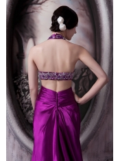 Prom Dress Column Eggplant Purple Halter Court Train Silk Like Satin Beading