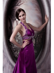 Prom Dress Column Eggplant Purple Halter Court Train Silk Like Satin Beading
