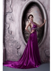 Prom Dress Column Eggplant Purple Halter Court Train Silk Like Satin Beading