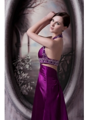 Prom Dress Column Eggplant Purple Halter Court Train Silk Like Satin Beading