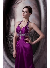 Prom Dress Column Eggplant Purple Halter Court Train Silk Like Satin Beading