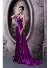 Prom Dress Column Halter Brush Train Silk Like Satin Beading and Appliques