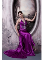 Prom Dress Column Halter Brush Train Silk Like Satin Beading and Appliques