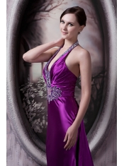 Prom Dress Column Halter Brush Train Silk Like Satin Beading and Appliques