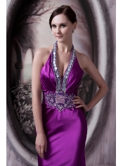 Prom Dress Column Halter Brush Train Silk Like Satin Beading and Appliques