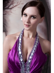 Prom Dress Column Halter Brush Train Silk Like Satin Beading and Appliques