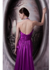 Prom Dress Column Halter Brush Train Silk Like Satin Beading and Appliques