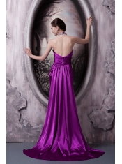 Prom Dress Column Halter Brush Train Silk Like Satin Beading and Appliques