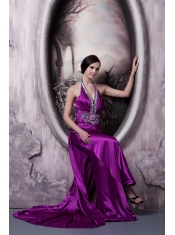 Prom Dress Column Halter Brush Train Silk Like Satin Beading and Appliques