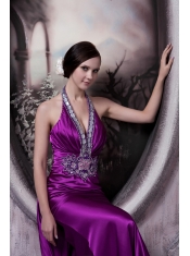 Prom Dress Column Halter Brush Train Silk Like Satin Beading and Appliques
