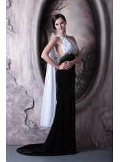 Prom Dress Column One Shoulder Brush Train Beading Chiffon and Elastic Woven Satin