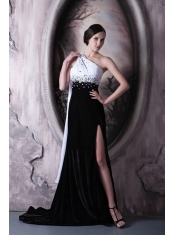 Prom Dress Column One Shoulder Brush Train Beading Chiffon and Elastic Woven Satin