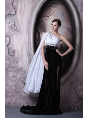 Prom Dress Column One Shoulder Brush Train Beading Chiffon and Elastic Woven Satin