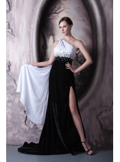 Prom Dress Column One Shoulder Brush Train Beading Chiffon and Elastic Woven Satin