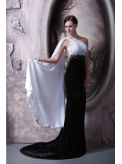 Prom Dress Column One Shoulder Brush Train Beading Chiffon and Elastic Woven Satin