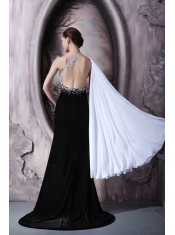 Prom Dress Column One Shoulder Brush Train Beading Chiffon and Elastic Woven Satin