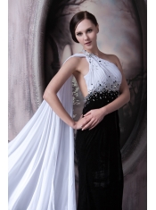 Prom Dress Column One Shoulder Brush Train Beading Chiffon and Elastic Woven Satin