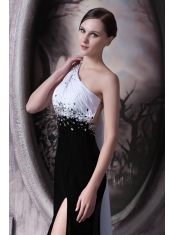 Prom Dress Column One Shoulder Brush Train Beading Chiffon and Elastic Woven Satin