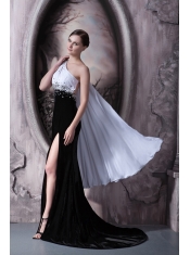 Prom Dress Column One Shoulder Brush Train Beading Chiffon and Elastic Woven Satin