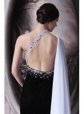 Prom Dress Column One Shoulder Brush Train Beading Chiffon and Elastic Woven Satin