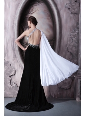 Prom Dress Column One Shoulder Brush Train Beading Chiffon and Elastic Woven Satin