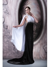 Prom Dress Column One Shoulder Brush Train Beading Chiffon and Elastic Woven Satin
