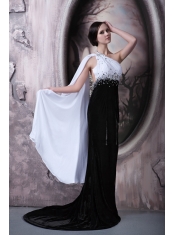 Prom Dress Column One Shoulder Brush Train Beading Chiffon and Elastic Woven Satin