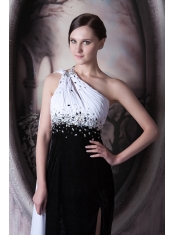 Prom Dress Column One Shoulder Brush Train Beading Chiffon and Elastic Woven Satin